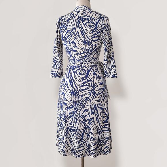 Vintage 70s Wrap Dress Midi M Navy Blue White Abstract Fit & Flare Made In USA - Picture 7 of 8